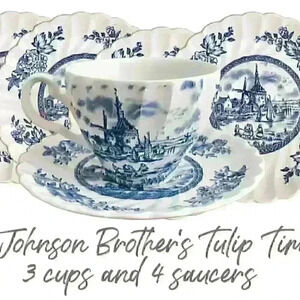 Johnson Brothers Tulip time delft style 3 cups and  4 saucers.
